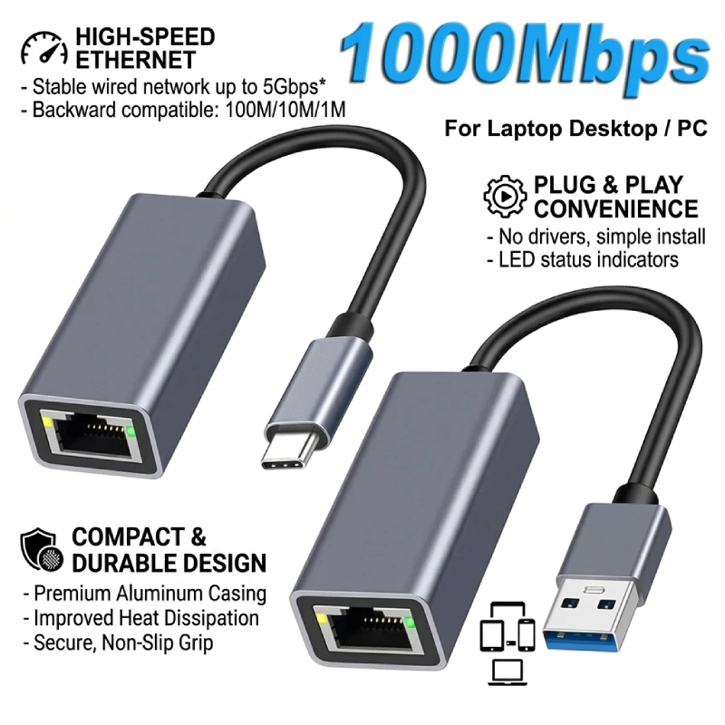 Adaptador Ethernet USB USB3.0 1000Mbps Lan Para Type C RJ45 Cabo De Rede MacBook PC Windows