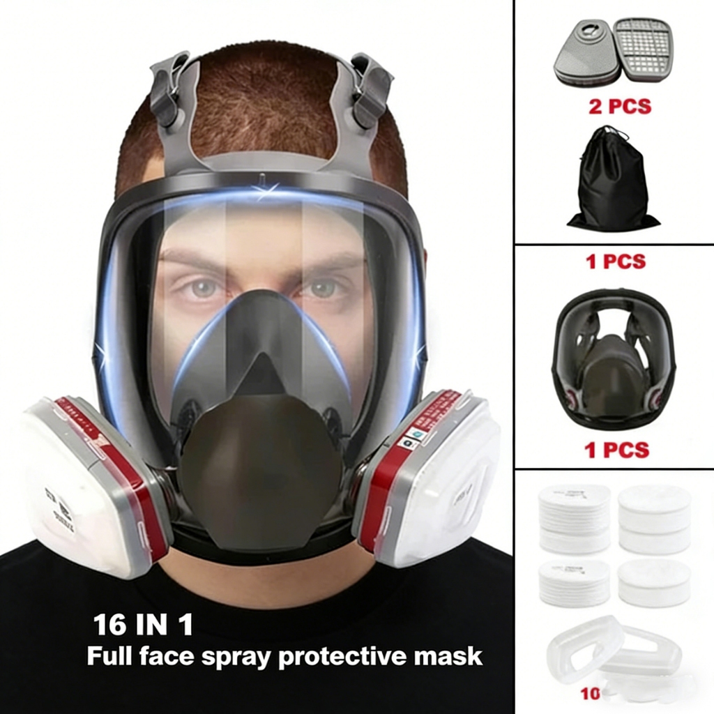 Kit Máscara Respirador 16 Em 1 Completa - Amplo Campo De Visão, Ideal Para Pintura Automotiva E Proteção Contra Gás