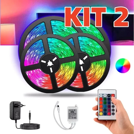 kit 2 Fita Led Rgb 3528 Colorida 5m + Controle+Fonte 300 Led Decoração Casa Loja Gesso Teto Sanca Vitrine
