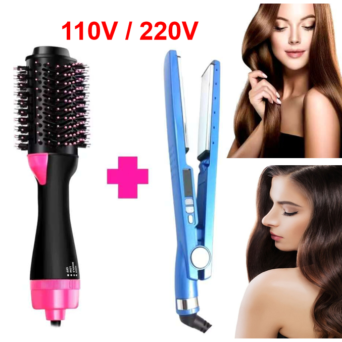 Kit Escova Rotativa para Cabelo Secador e Chapinha 2 em 1 110V/220V+ Chapinha Multi-temperaturas