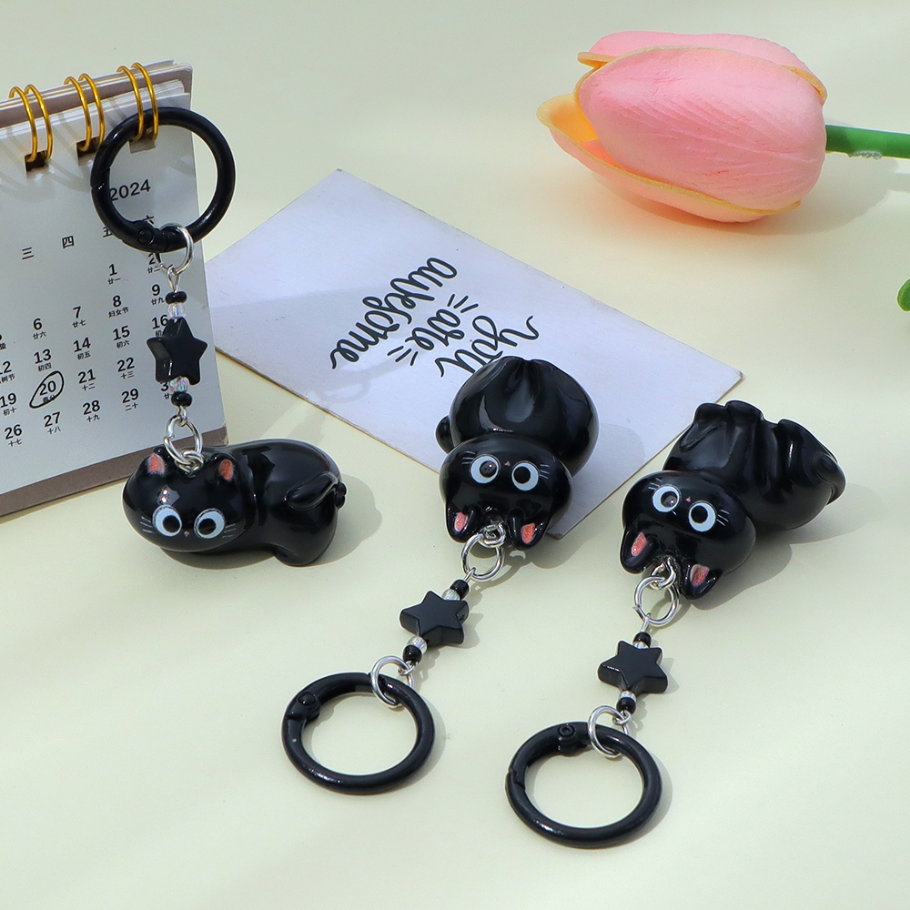 Bonito Gatinho Preto Chaveiro Engraçado Olhos Grandes Gato Chaveiros Com Estrela De Cinco Pontas Casal Porta-Chaves Saco
