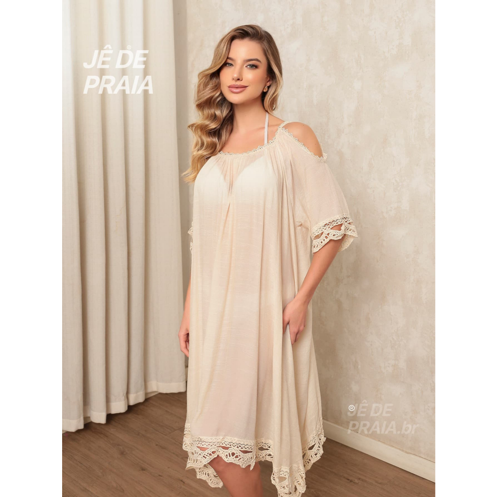 Kaftan Feminino para Verão, Ombros à Mostra com Renda, Modelo Solto e Estiloso para Looks Praianos
