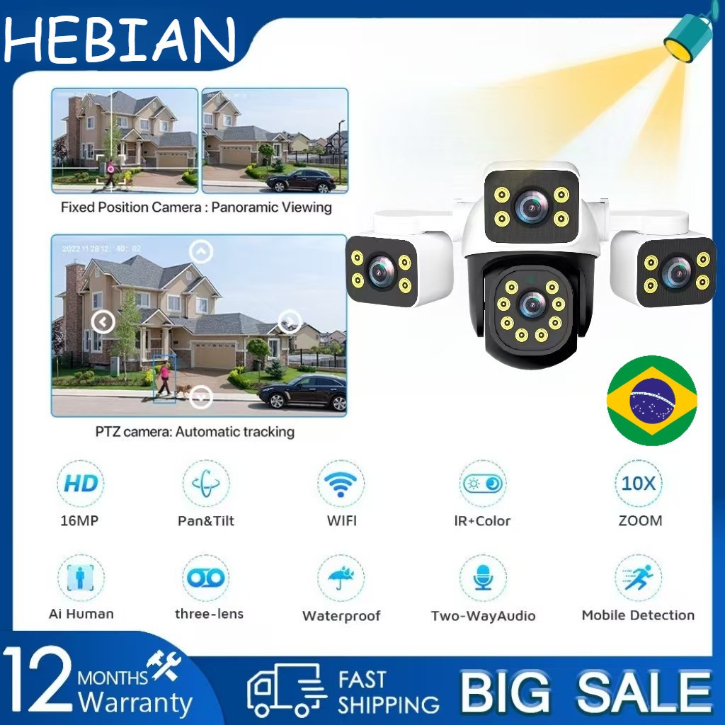 Câmera De Vigilância Inteligente WiFi Sem Fio HD De Lente Tripla Verdadeira De 12 Mp (Doma) Para Uso Interno/Externo Com