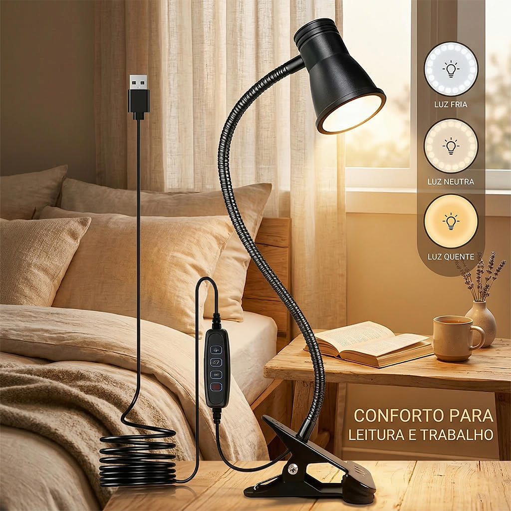 Luminária de Mesa LED Tricolor com Clipe Flexível para Estudo e Leitura