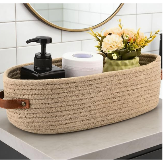 Cesto Organizador de Armazenamento Organização corda de Algodão Detalhe em Couro 33cmx10cm