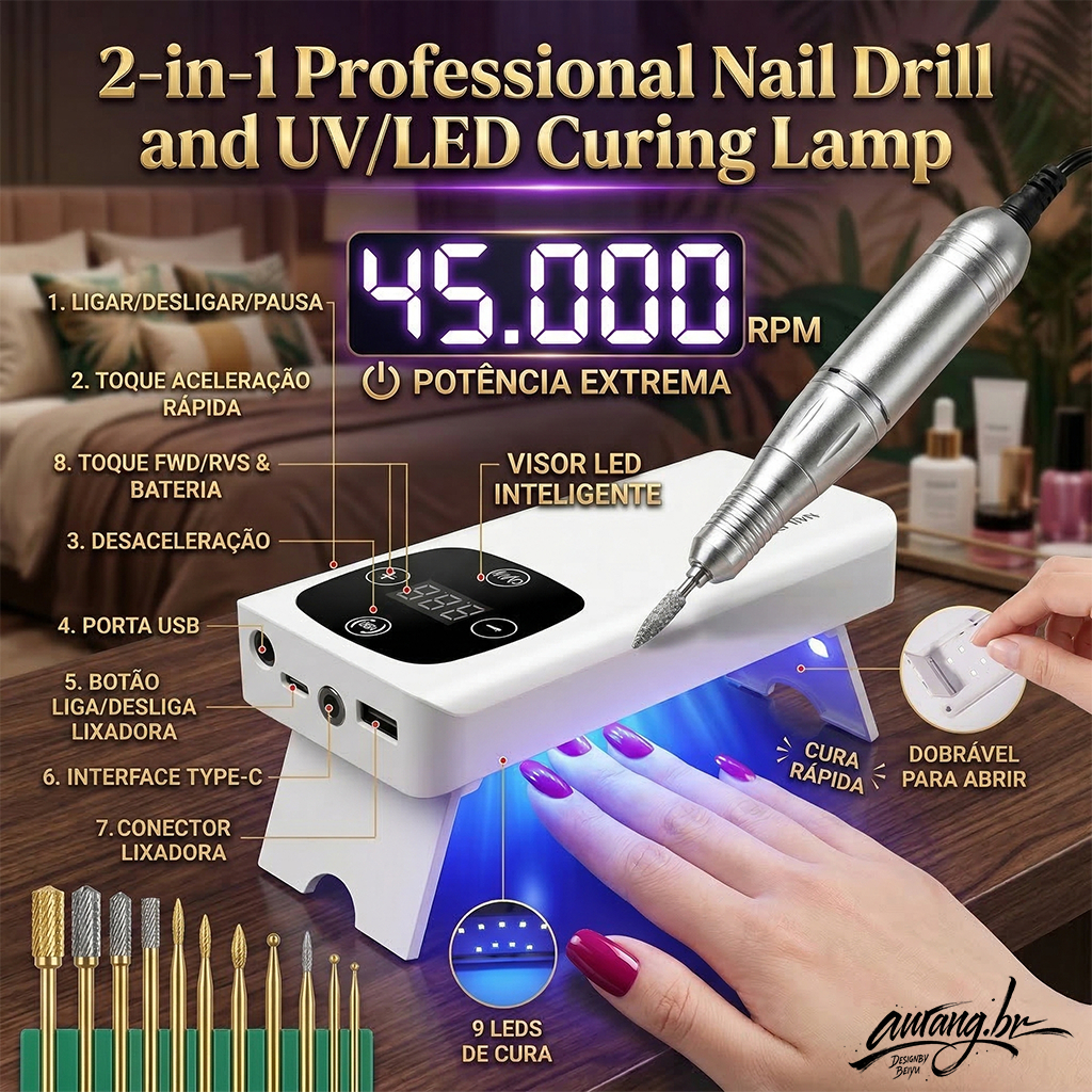 Máquina De Lixar Unha Elétrica 45000RPM Com  Caneta Polidora Para Alongamento De Unhas Gel Acrigel em Oferta na Shopee