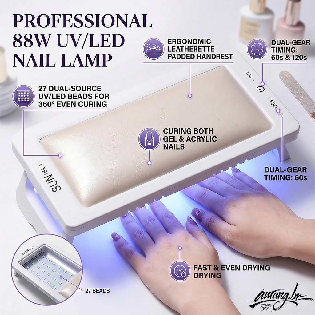 Cabine LED UV 88W 27 LED USB Portátil - Secador de Unhas com Almofada de Mão para Gel Acrigel