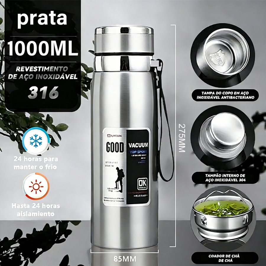 Garrafa 1000ml Inox Térmica Com Infusor Prata ,De Água Café Parede Dupla Com Alça-Para envio imediato