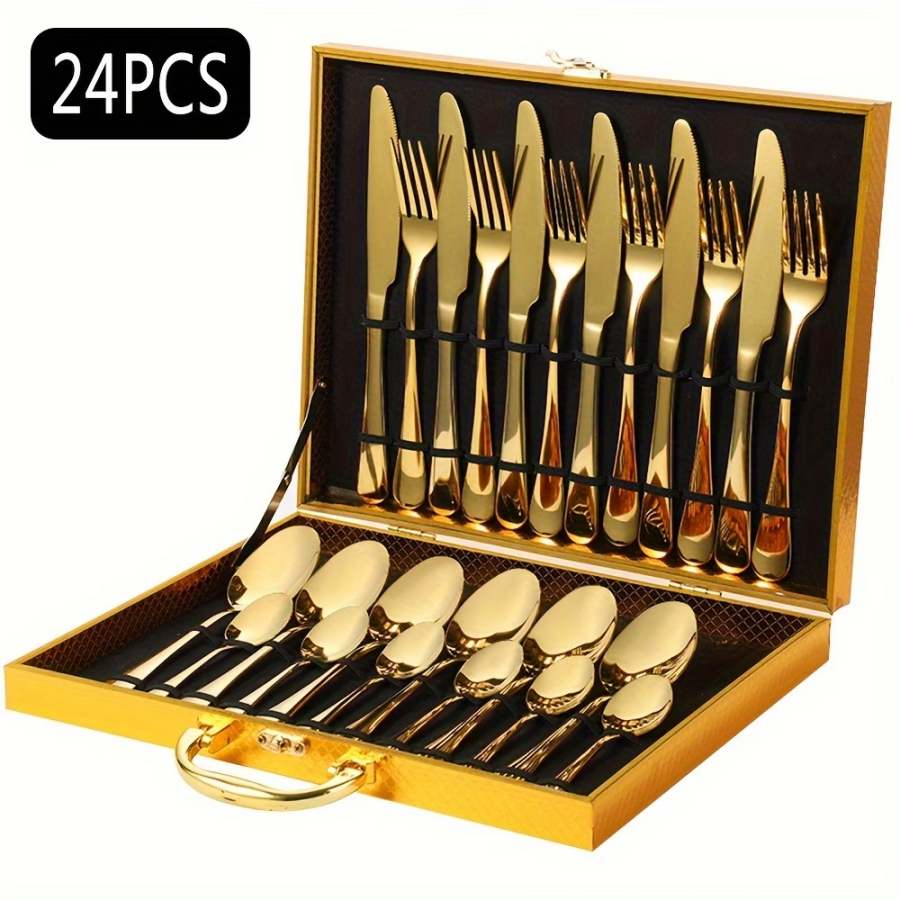 Jogo Talheres 24 Peças Faqueiro Dourado Aço Inox Premium Luxo cozinha Com Maleta