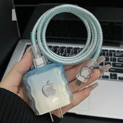 Capa Protetora Gradiente Azul Translúcida Para Carregador iPhone 20W , Com design Moderno E Ondulado Proteção Contra Cho