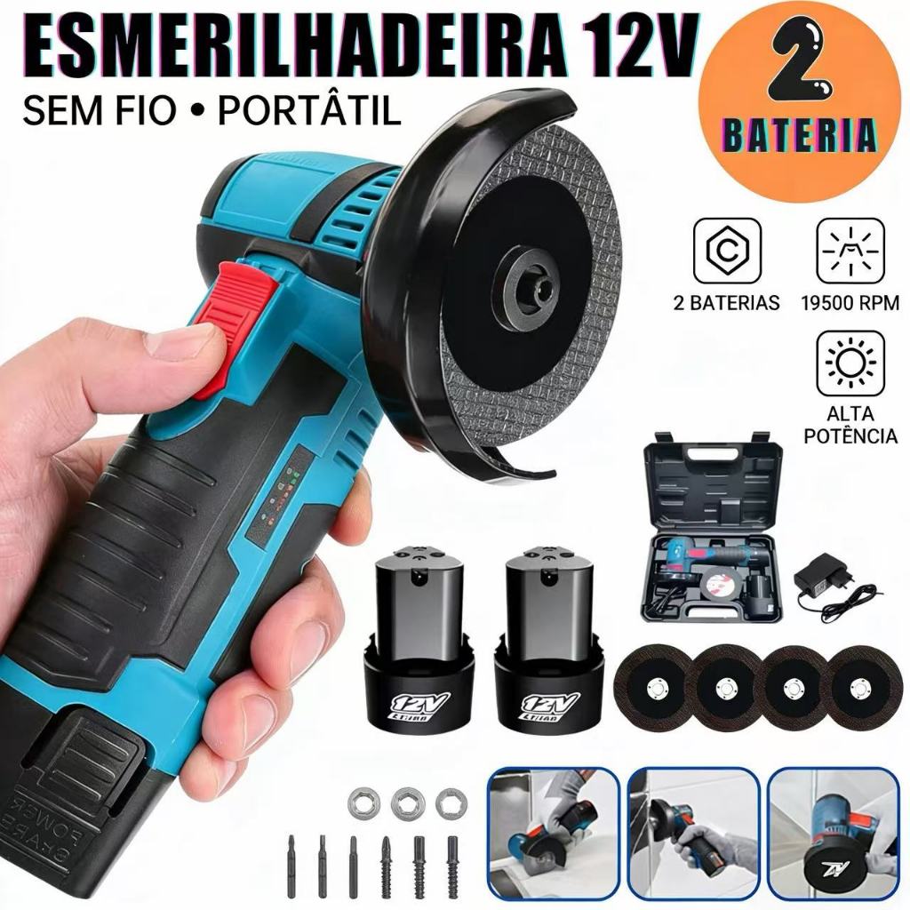 Esmerilhadeira Angular 12V Sem Fio 76mm Portátil Bivolt com 2 Baterias Lixadeira Polimento Corte em Oferta na Shopee