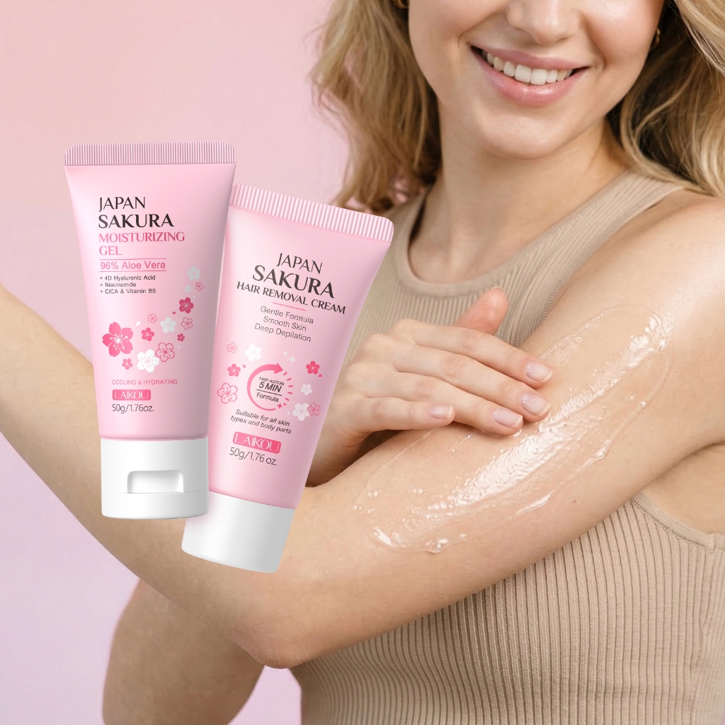 LAIKOU Sakura Creme Depilatório 50g + Gel Hidratante Pacote 50g | Removedor De Pêlos Suave E Indolor Uso De Corpo Inteir