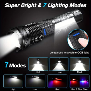 Lanterna de luz forte LED com Zoom retrátil recarregável com luz lateral COB vermelha/azul, luz externa