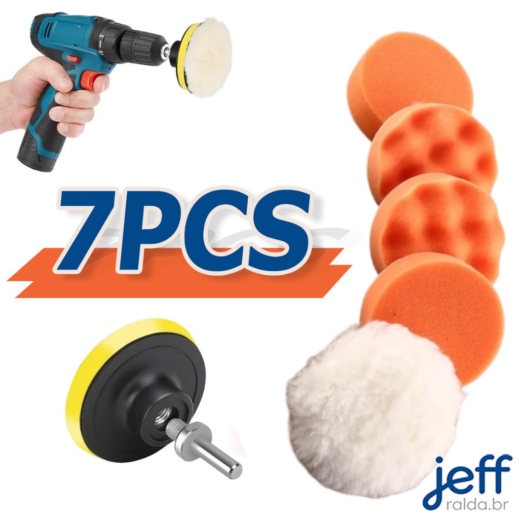 Kit Boina Automotiva Polimento 3 Pol 7 Peças Espuma e Lã Com Suporte Para Furadeira e Parafusadeira