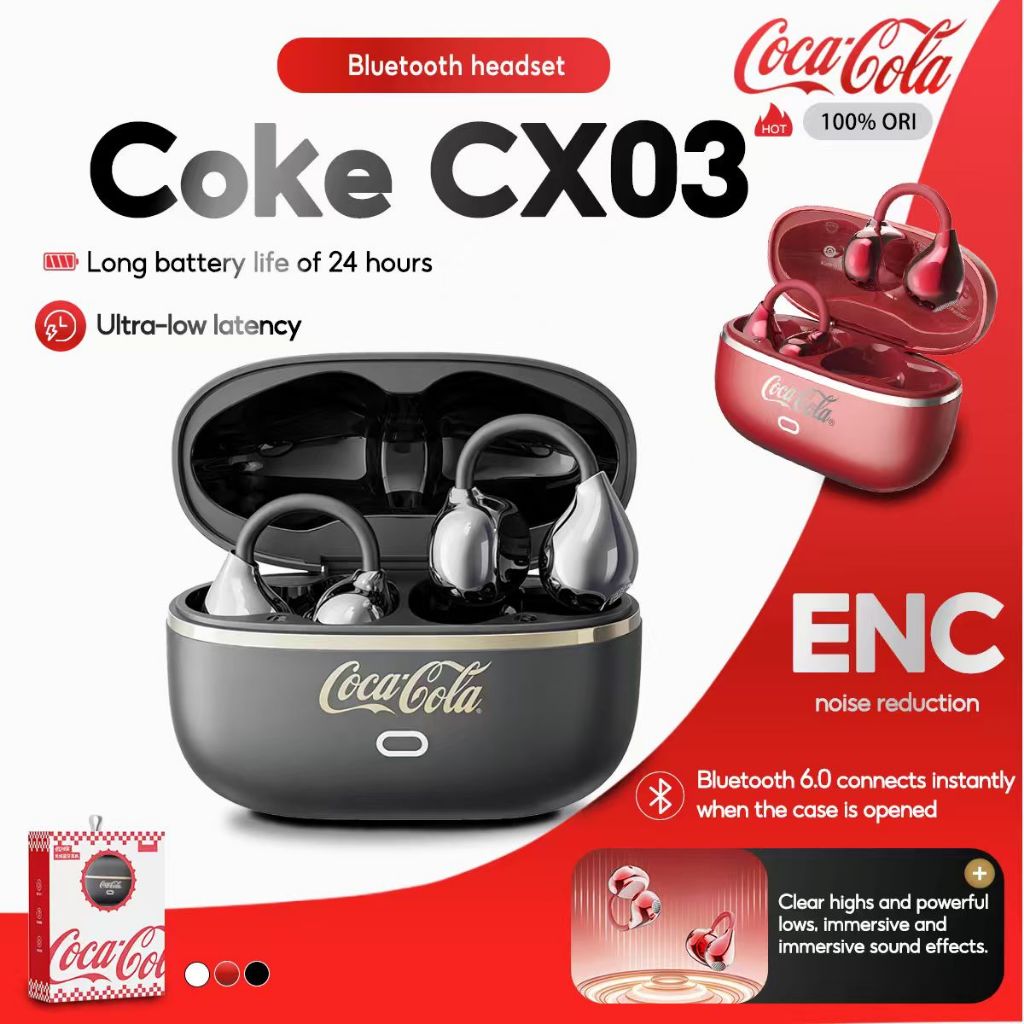 Coca Cola CX03 Fones De Ouvido Clip On True Wireless Earbuds Fone Bluetooth 60 Mic HiFi Estéreo Com Cancelamento De Ruíd
