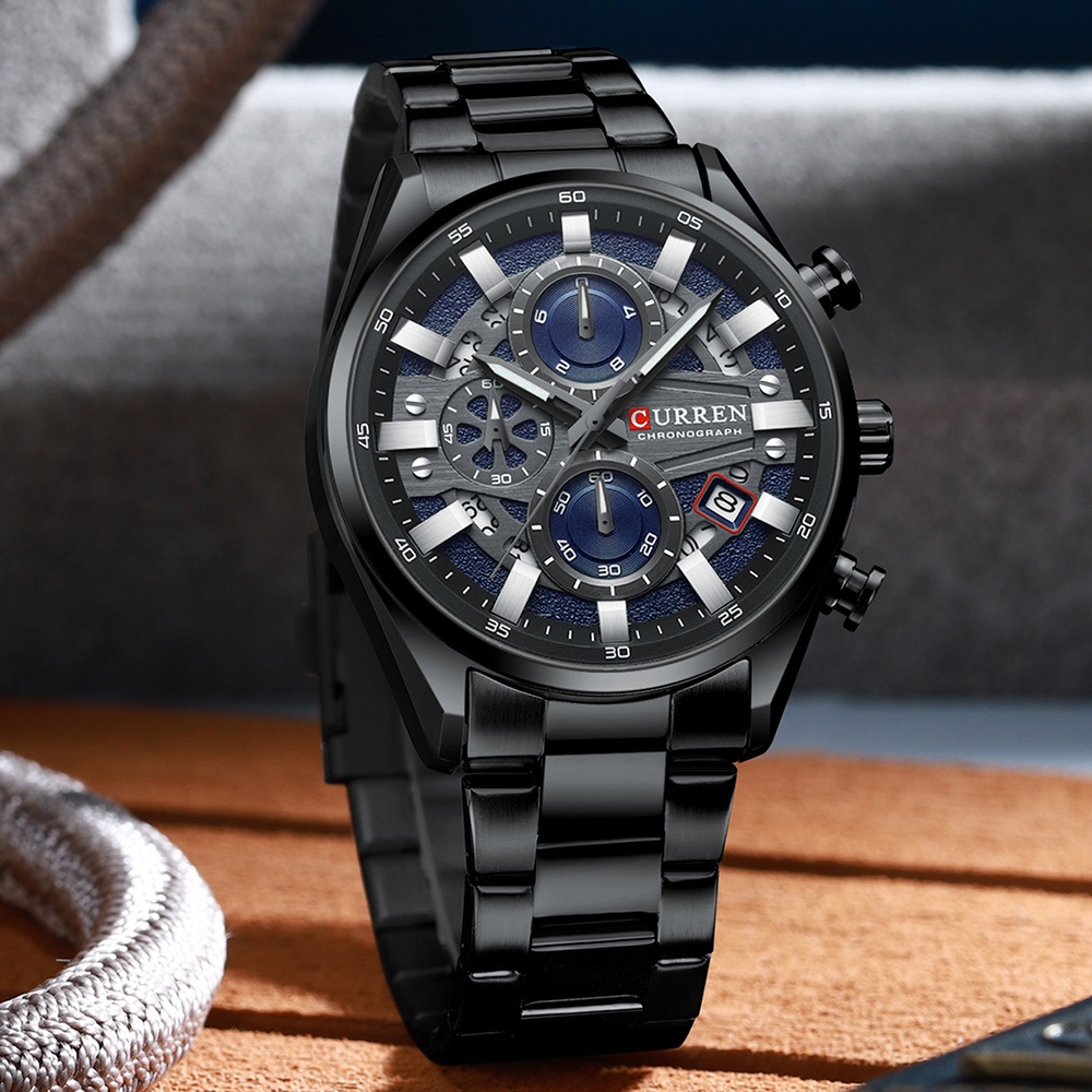 Novo Relógio Masculino CURREN Marca Genuína Preto Clássico Pulseira De Aço Inoxidável Multifuncional Cronógrafo Mãos Lum · foto 2