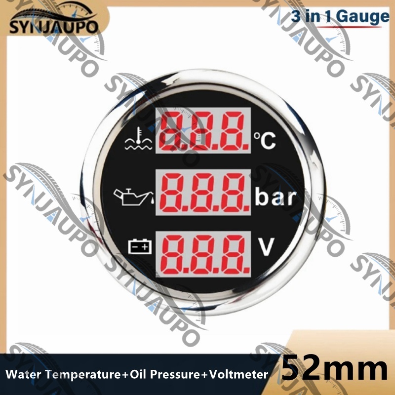 52mm 3 Em 1 Digital Temperatura Da Água Óleo Medidor De Pressão Voltímetro À Prova D '