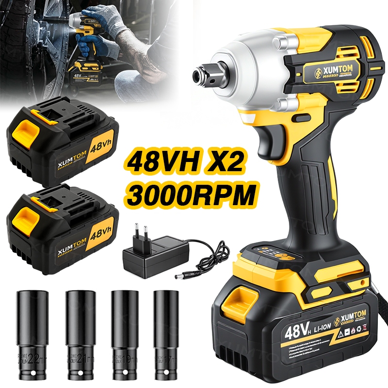 Chave Impacto Sem Fio 48V 450Nm - Kit 2 Baterias + 4 Soquetes - Parafusadeira Alta Potência 3000RPM Motor Brushless