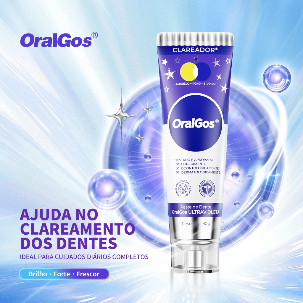OralGos® PASTA DE DENTES | Partículas roxas neutralizam manchas amarelas protetor bucal Nano com flúor | Fórmula Suave 9