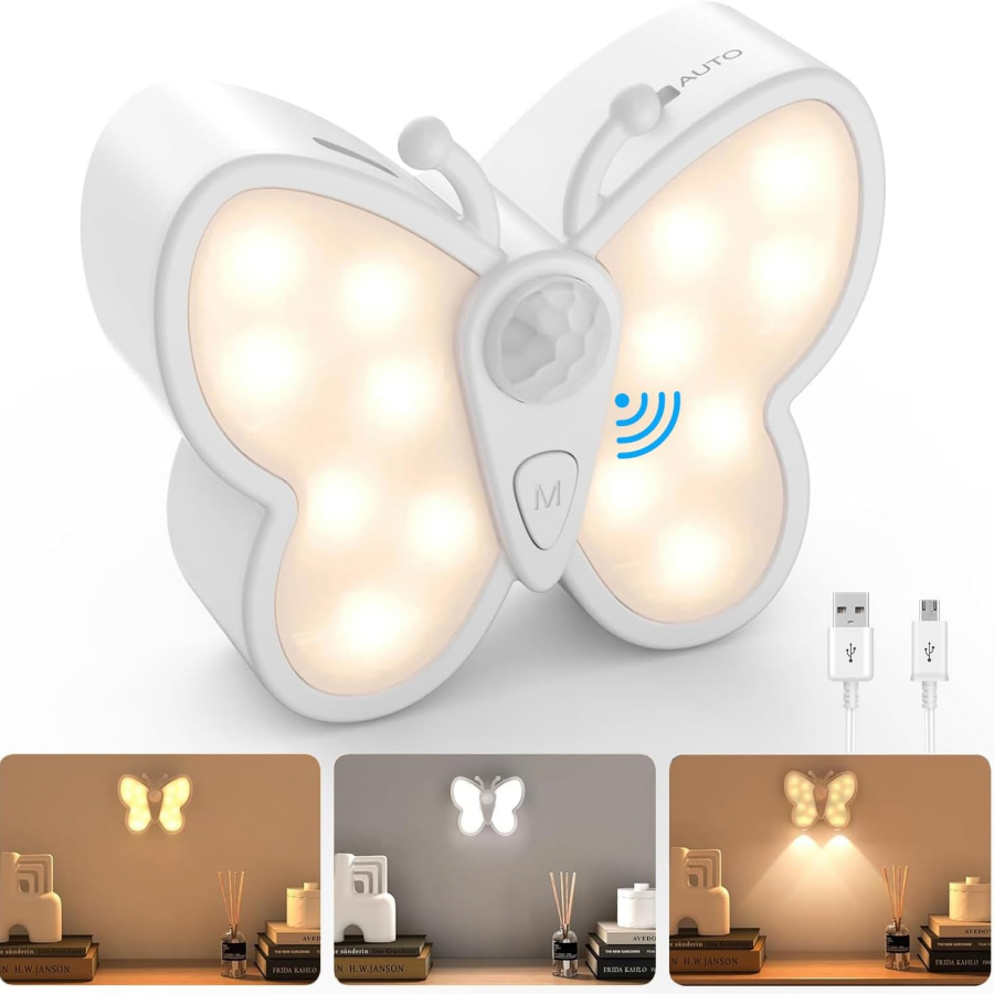 Luminária Noturna LED Borboleta com Sensor de Movimento,USB Recarregável para Sala,Quarto,Escritório