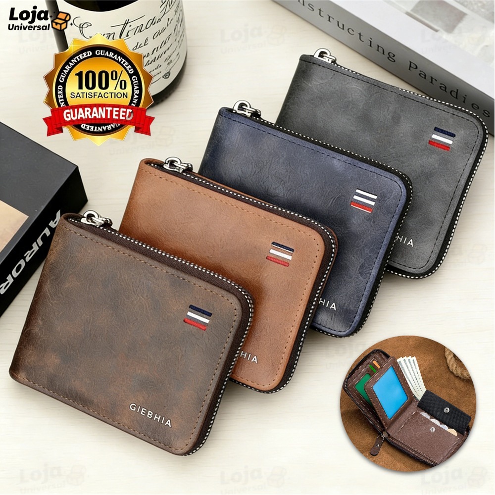 Carteira Masculina Moderna Com Zíper Multifuncional Com Porta Moedas Cartão e Bolso Interno de Zíper Nova-LU