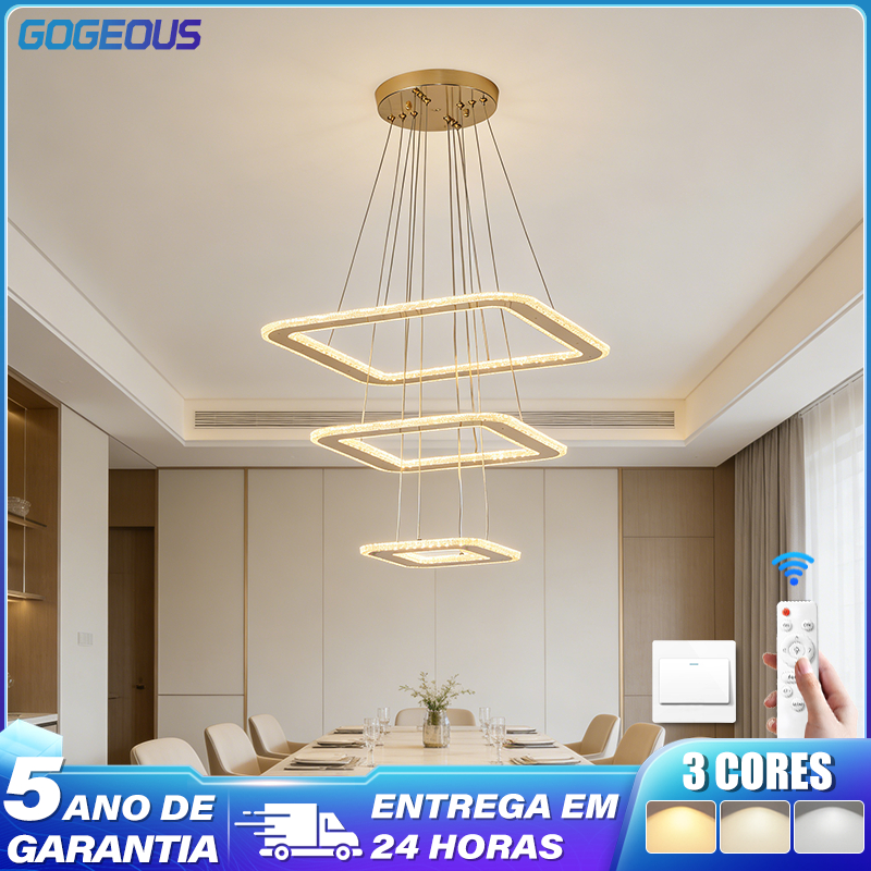 GOGEOUS 3 Cores( 110V-220V) Luminárias pendentes de LED Lustre para sala de estar e sala de jantar Lustre de Cristal