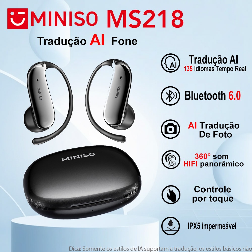 Fone De Ouvido MINISO MS218 AI Tradução Em Tempo Real Gancho Orelha Sem Fio Fone Bluetooth 6.0 Super Bass Microfone