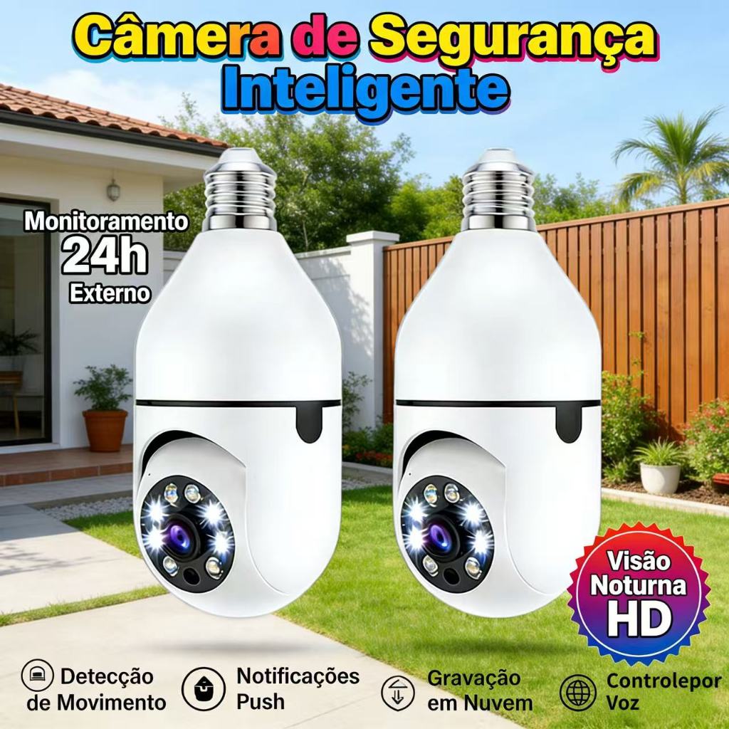 Kit 2 Lâmpada Para Câmera WiFi E27 360 ° Monitoramento Remoto De Visão Noturna Colorida Full HD 1080p