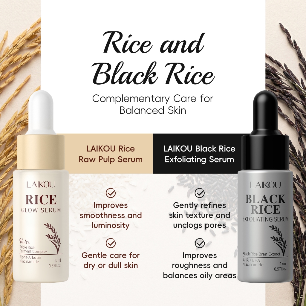 LAIKOU Rice Glow Serum + Black Esfoliante Duo Set-Ampola Iluminadora E Suavizante Com Niacinamida , Alfa-Arbutina , AHA 