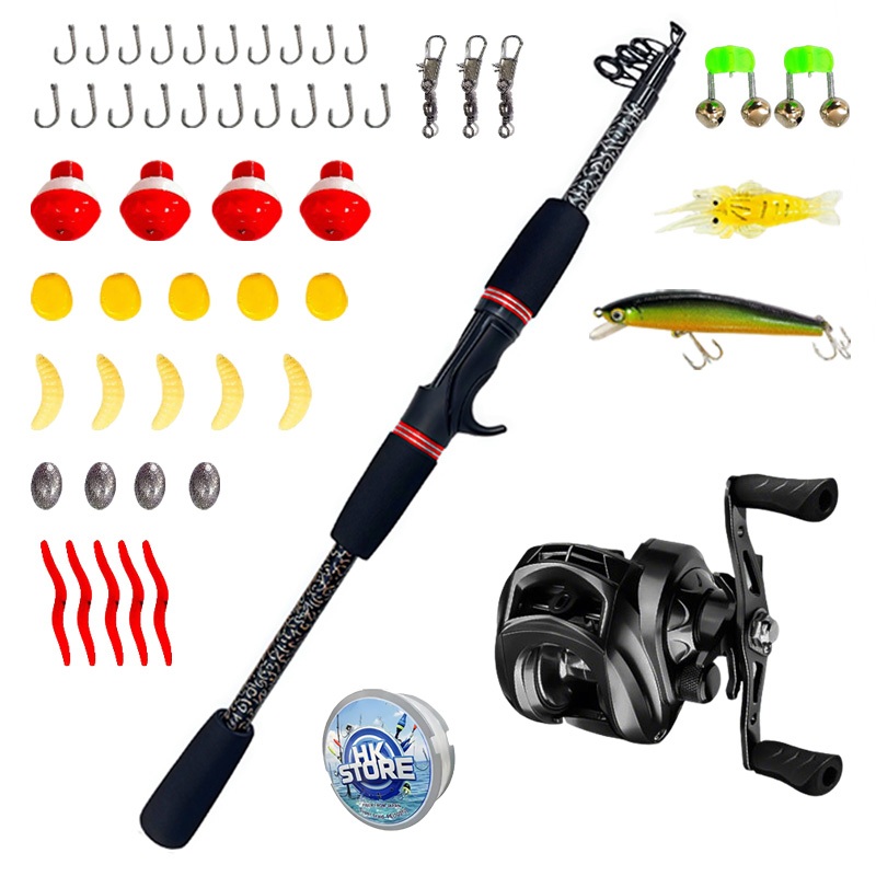 Kit Vara De Pesca 2.4 m , 40 % Fibra De Carbono Com Carretel De metal (7.2 : 1) + 10 Iscas Artificiais
