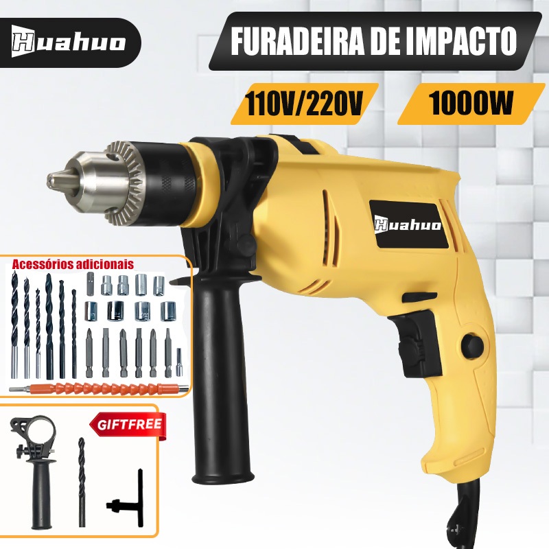 【110V-220V】Parafusadeira e Furadeira de Impacto Mandril de 3/8" Potência de 1000W~