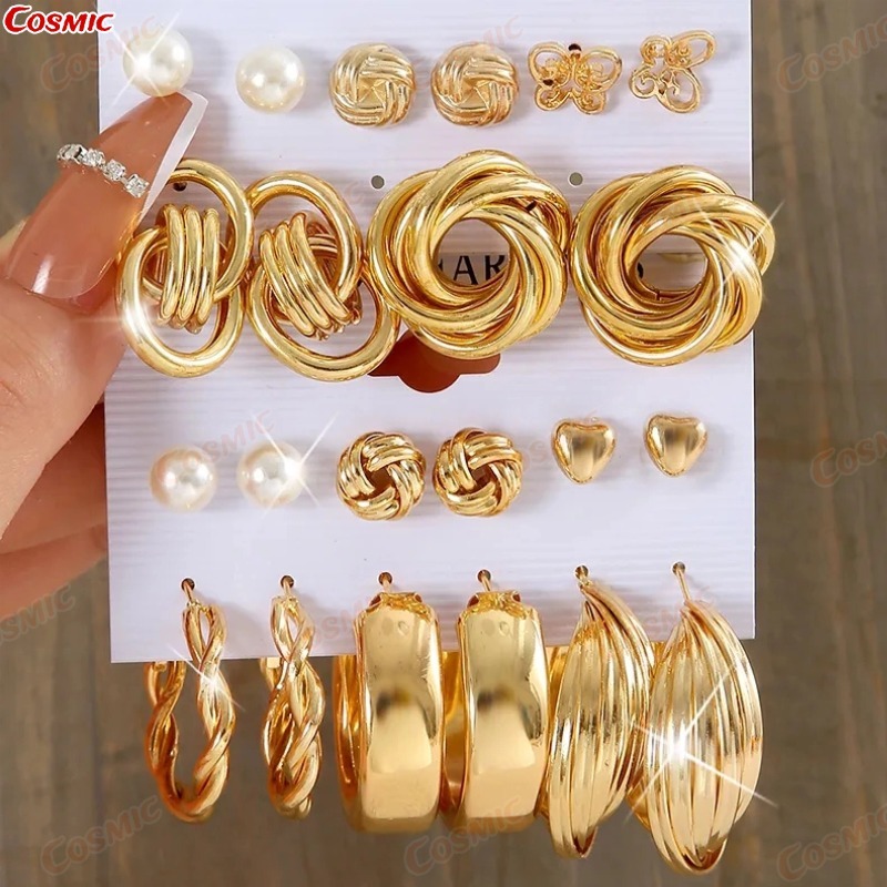 KIT12 Conjunto Elegante Brinco Com Argola De Ouro Brincos De Pérola Para Mulheres Joias Acessórios-CO em Oferta na Shopee