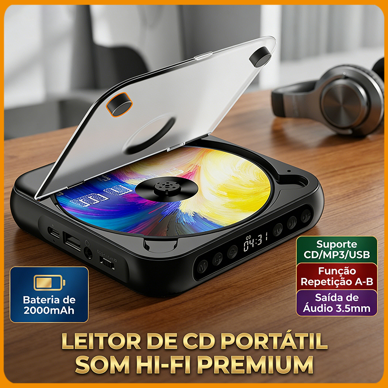 Gravador de CD Portátil 2000mAh Bluetooth 5.3 Suporte Pen Drive USB Player