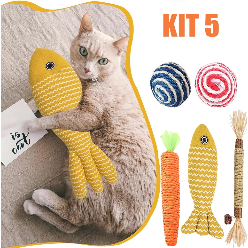 Kit 5 Brinquedos para gatos e Bastão Mastigável Mordedor Natural para Gato