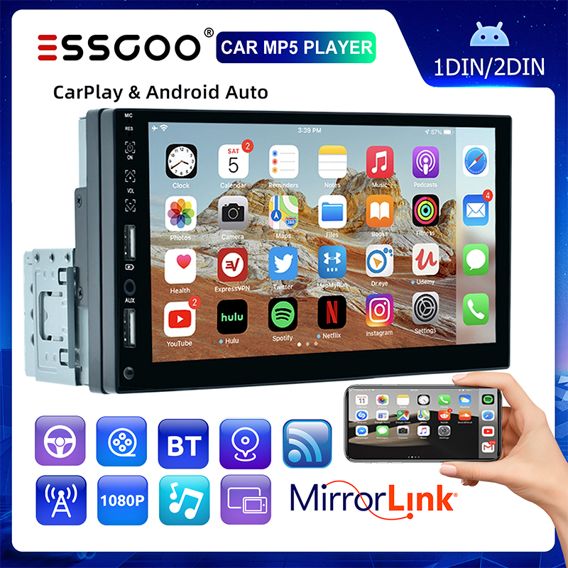 （Do São Paulo) ESSGOO Rádio De Carro 1 Din 7 " Tela Sensível Ao Toque Central Multimídia MP5 Receptor Vedio Bluetooth FM