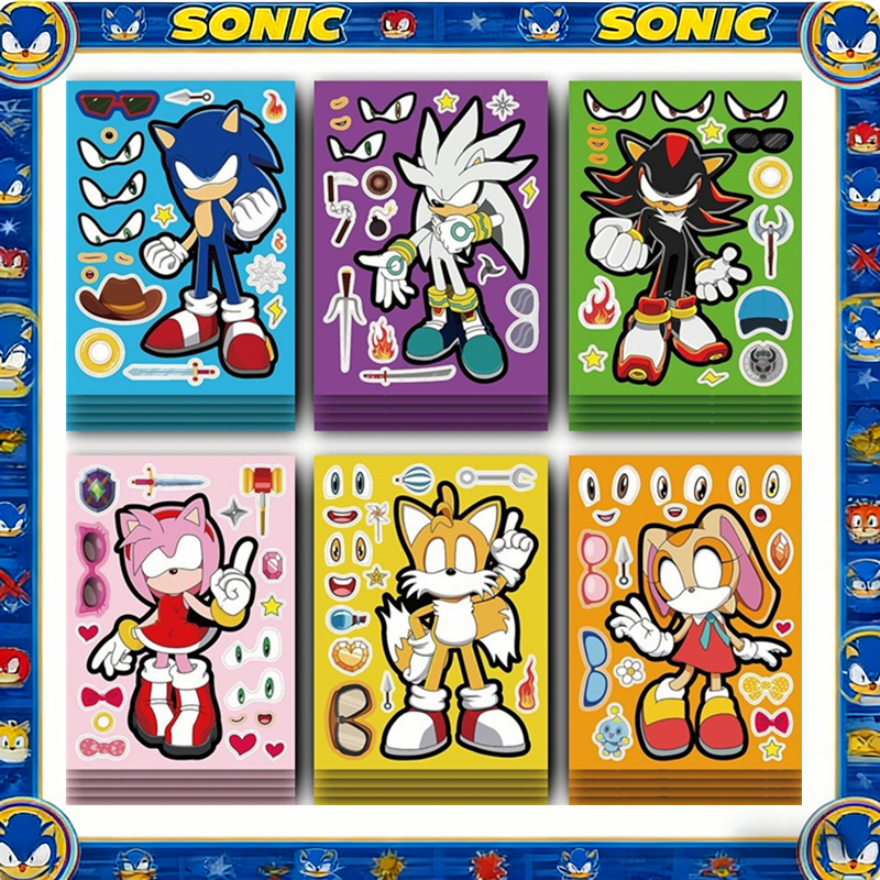 12 Unidades/Conjunto Sonic The Hedgehog Faça Seu Próprio Rosto DIY Quebra-Cabeça Adesivo Brinquedos Infantis