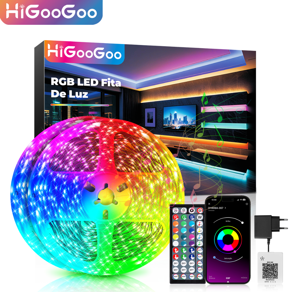 HiGooGoo 40/30/20/10M Fita Led Rgb APP Controle Remoto Decoração Para Quarto Casa Sincronização De Música Com Fonte em Oferta na Shopee