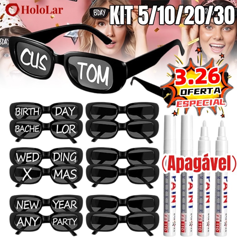 Kit 30/20/10/5 Oculos Vintage Retro Preto Liso + Caneta Giz Festa Casamento-HL em Oferta na Shopee