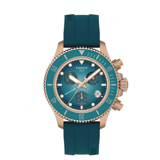 Descubra O Impressionante Cronógrafo De Mergulho Com Mostrador Turquesa : Caixa PVD Em Ouro Rosa De 38 Mm , Resistente À