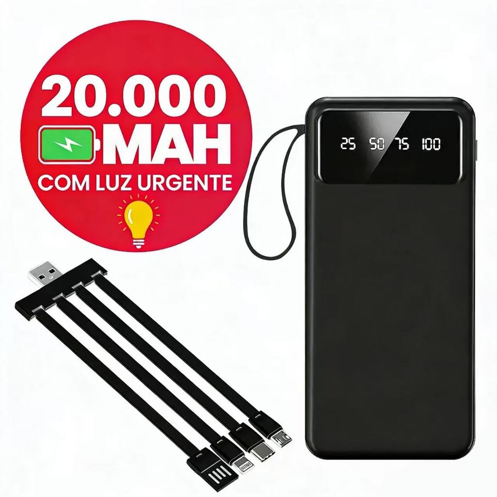 Carregador Power Bank Portátil 20000mah Universal Saida 4 Cabos para iPhone, Samsung e Android