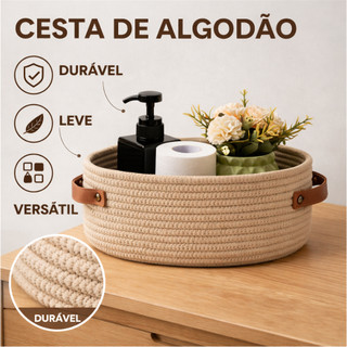 Cesto Organizador de Algodão Grande com Alças de Couro | Cesto Decorativo para Banheiro, Lavanderia e Quarto