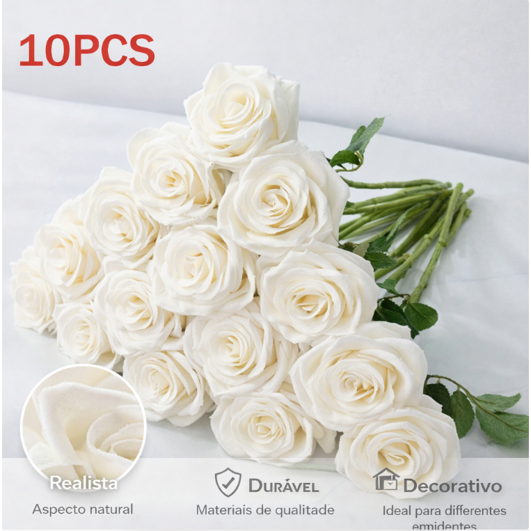 Kit 10 Rosas Artificiais Brancas Aveludadas | Flores Decorativas para Arranjos, Festa e Decoração