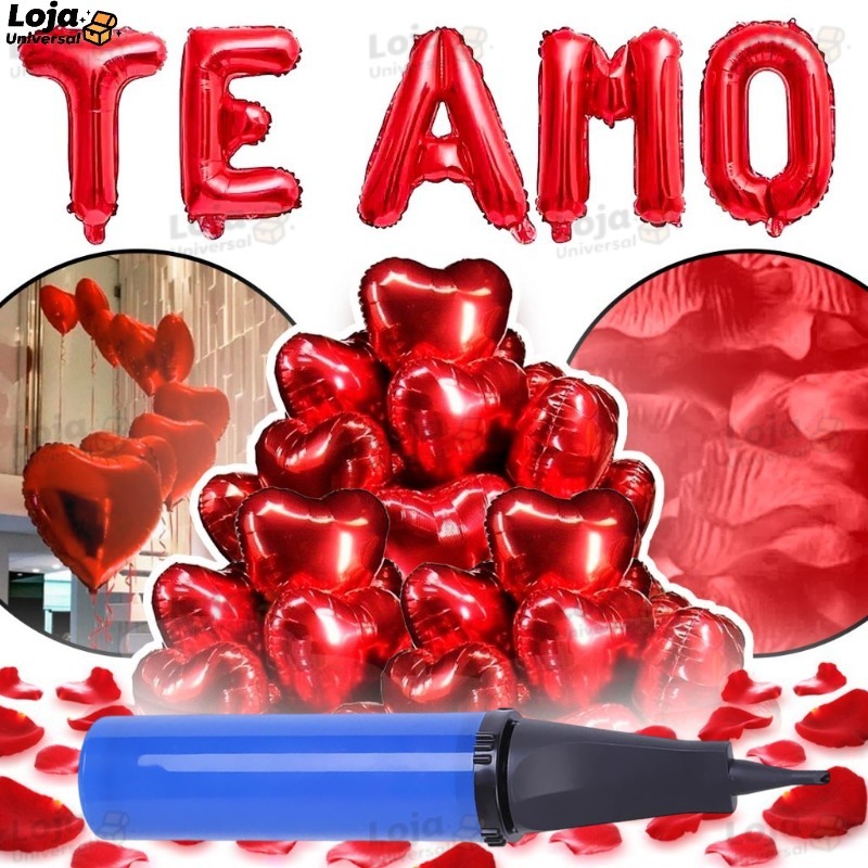 Conjunto de balões românticos Aniversário-600 Pétalas+10 Velas+10 Balões Coração+Balão Te Amo+Fitilho+Bomba de ar
