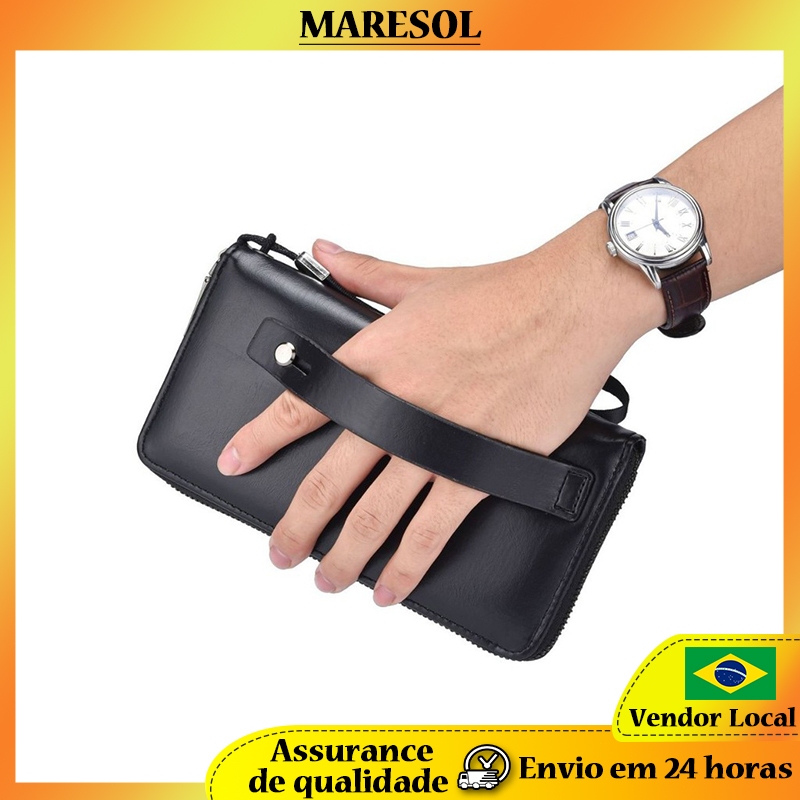 MARESOL Carteira masculina longa de grande capacidade com zíper Bolsa para documentos Bolsa de moedas multifuncional