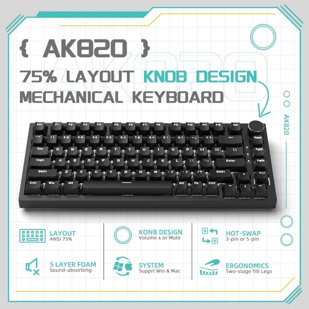 Teclado Mecânico 75 % Com Fio AJAZZ AK820 , Para Jogos Montado Em Junta Hot-Swappable Interruptores HP Semelhantes , Lay