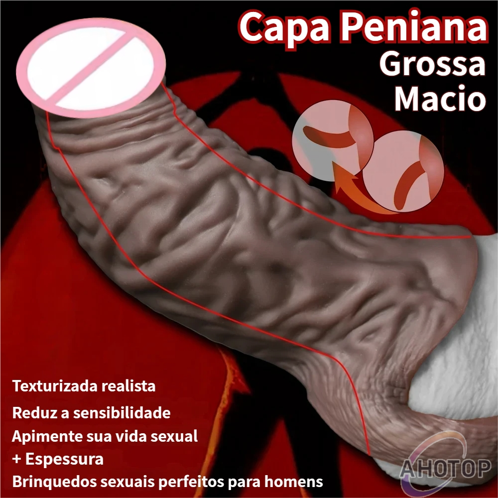 Capa Peniana Marrom Grossa Textura Realista Macio Glande Exposta Aumenta Pênis Retarda Ejaculação Aumenta Prazer SexShop