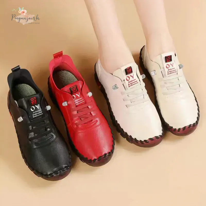 2026 Novo Sapatos Ortopédicos de Couro Macio das Mulheres/Costura à Mão/Sola Elástica Tamanho Grande 33-41 em Oferta na Shopee