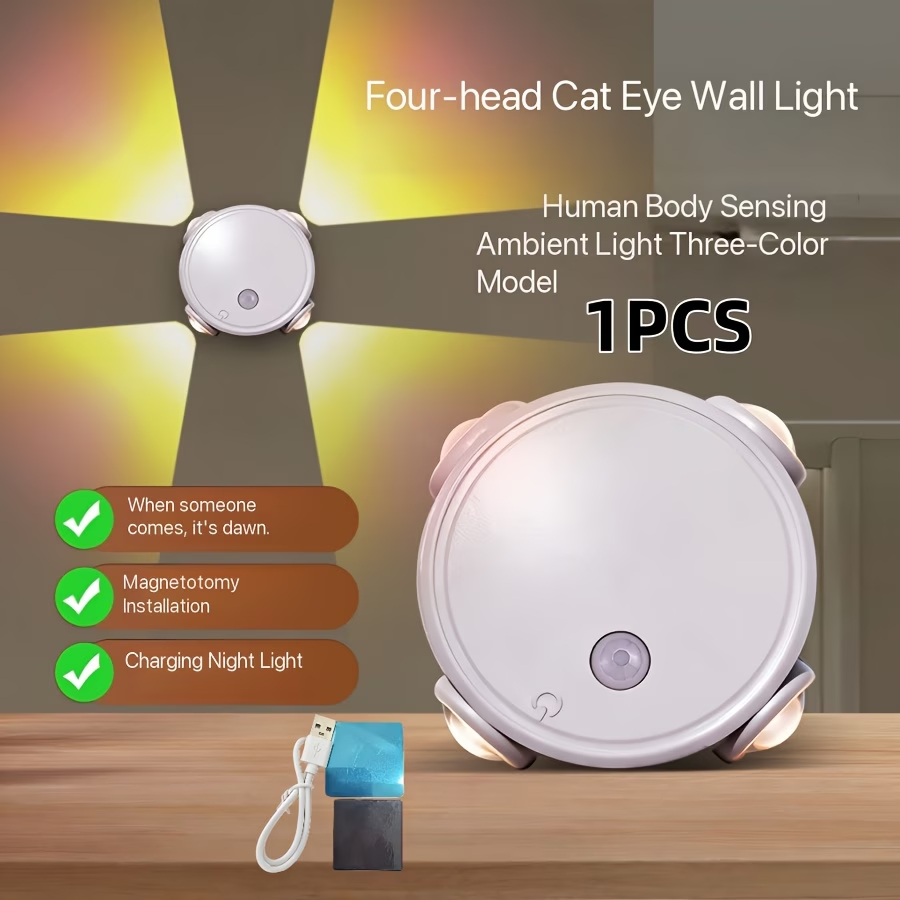 Luminária de Parede LED Suave Multidirecional com Sensor Humano e Olho de Gato de Quatro Cabeças, Sem Furação