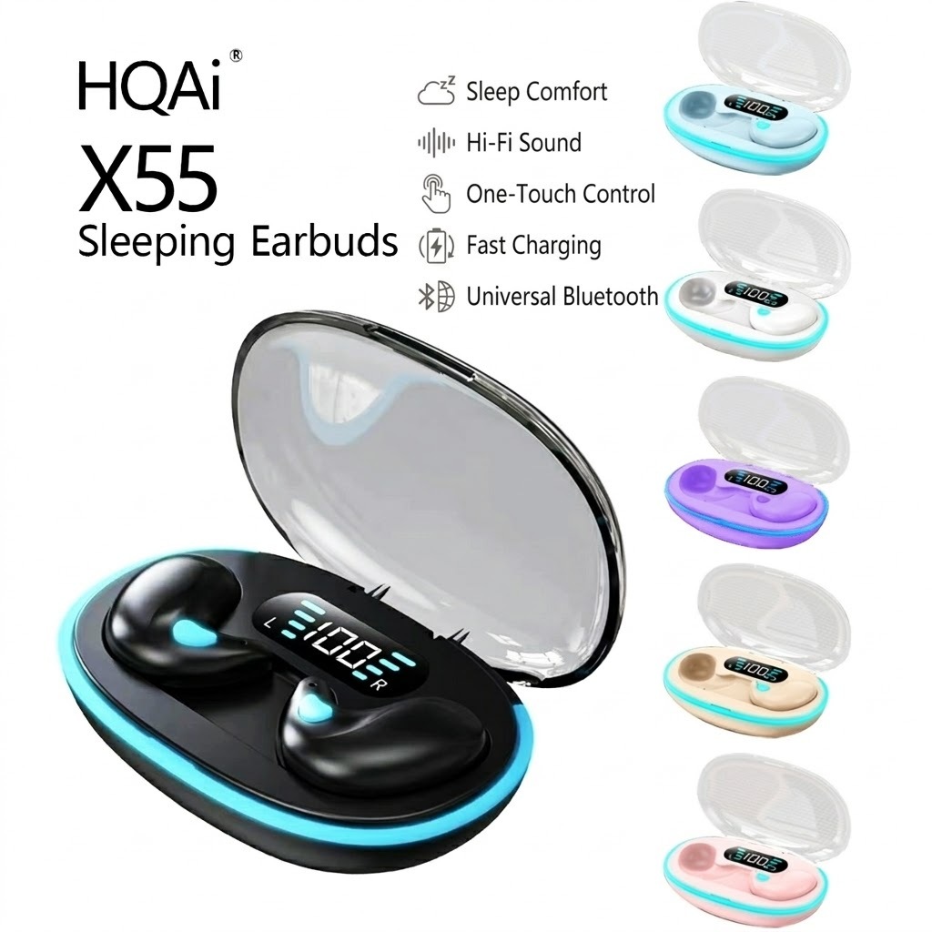 HQAi Tws X55 Fones de Ouvido Dormir Sem Fio Bluetooth LED Displa Hi-fi Som Estéreo Fone À Prova D'água Cancelam