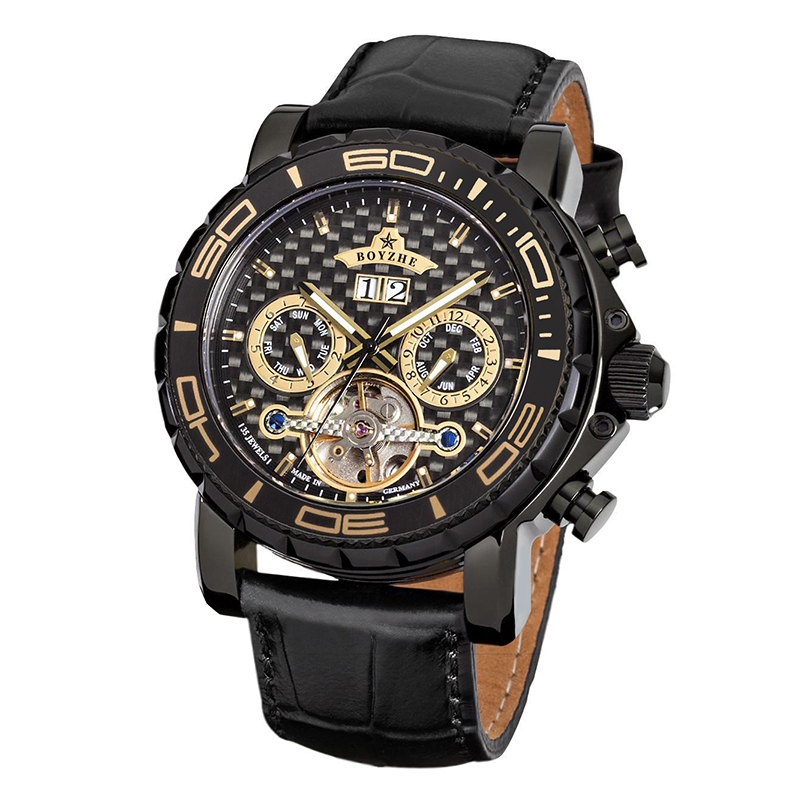 BOYZHE Relógio Mecânico Automático Masculino 45mm Esqueleto Calendário Luminoso Aço Impermeável